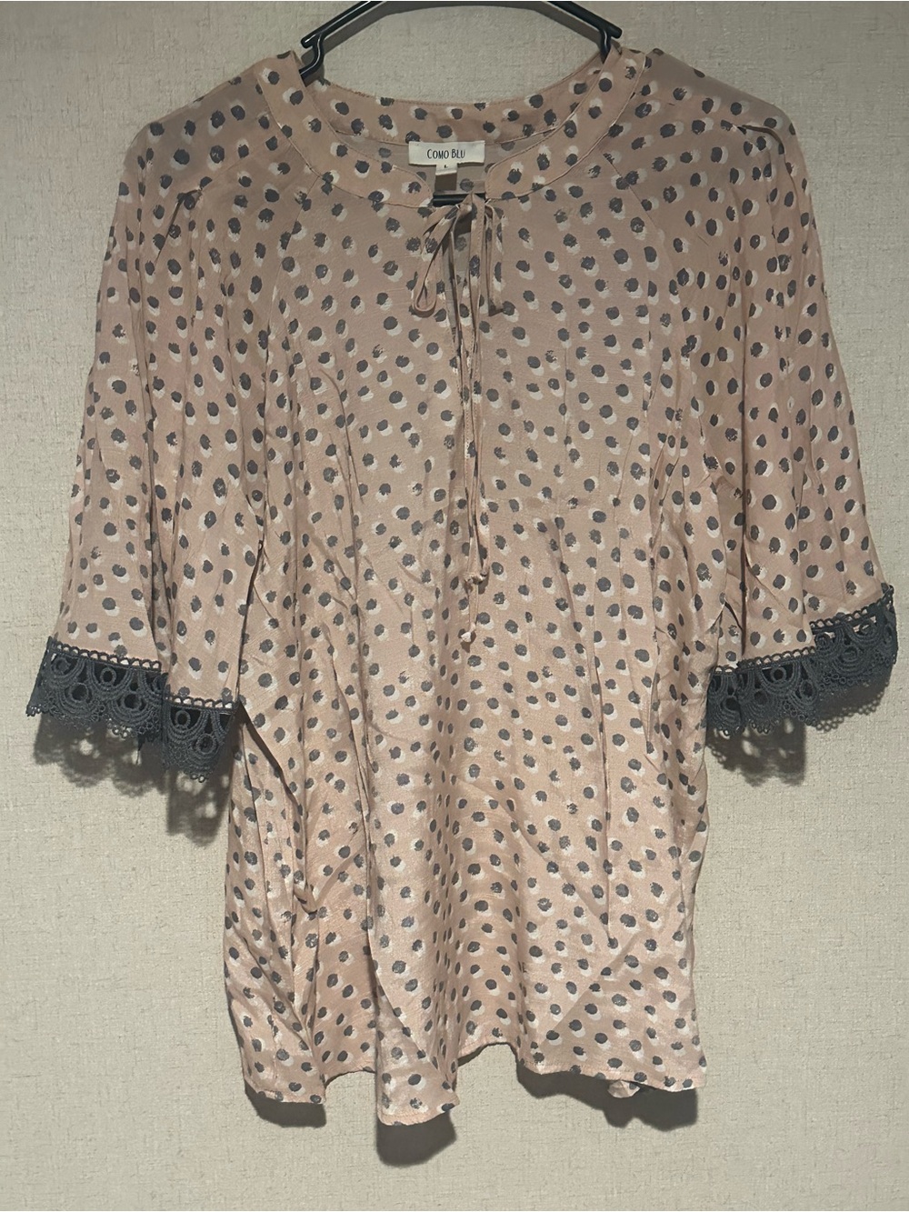 Como Blu Pink Polka Dot Tie-Neck Lace Trim Blouse